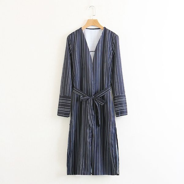 

women casual temperament striped midi shirt dress v neck belted long sleeve office lady trench blouse street wear xz2472 210525, Black;gray