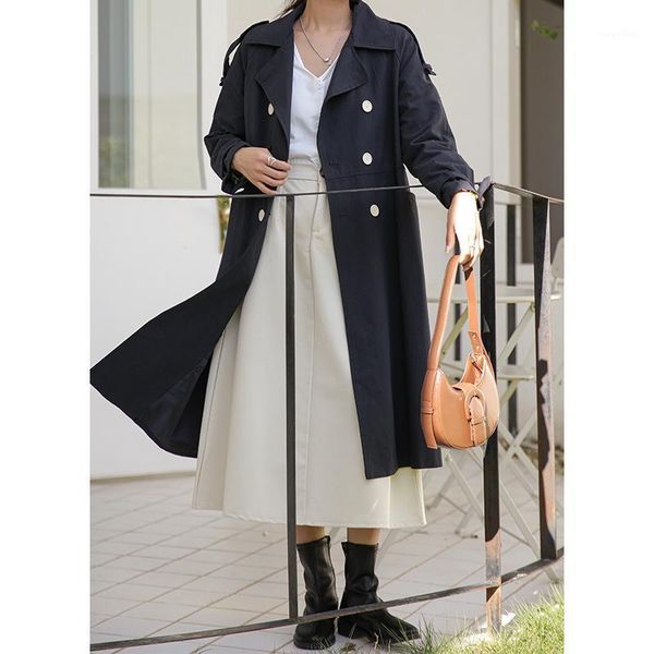 

women's trench coats double breasted coat women clothes mid-length spring autumn high waist casual long tm796, Tan;black
