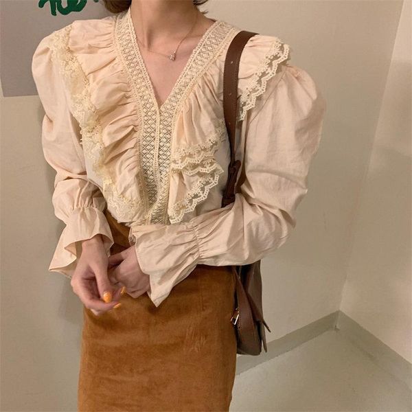 

women's blouses & shirts alien kitty office lady women v-neck all-match 2021 elegant chic flare sleeves high street feminine casual gen, White
