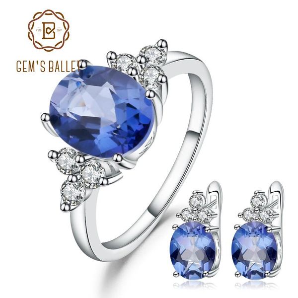 

bracelet, earrings & necklace gem's ballet 7.10ct natural iolite blue mystic quartz gemstone jewelry set 925 sterling ring for women, Black