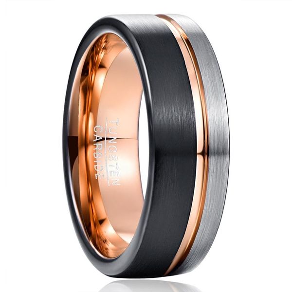 

wedding rings 8mm men's rose gold line tungsten carbide band black and matte brushed comfort fit size 7-12, Slivery;golden