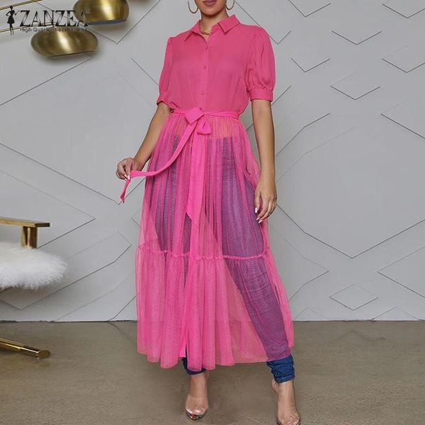 

women's blouses & shirts zanzea women fashion shirt 2021 summer puff sleeve see-through casual solid patchwork tunic ladies bandage bl, White