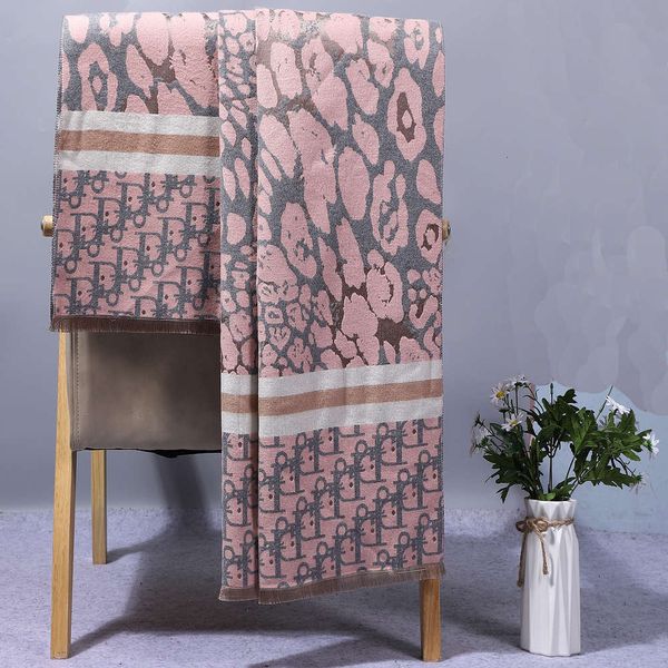 

scarf shawl women wear thick knitted cloak in autumn and winter, double-sided two-color cashmere leopard tassel scarf, high-end fashion, Blue;gray