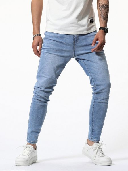 

men cat scratch bleach wash tapered jeans k22t#, Blue