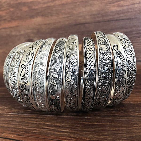 

new retro cuff bracelets tibetan silver metal carving fish elephant flower bangles vintage gypsy jewelry female gifts, Golden;silver