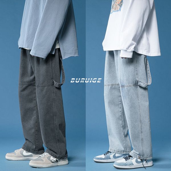 

jeans korean wide-leg men's fashion casual retro pocket jeans men streetwear loose hip-hop straight denim trousers mens -2xl ci3u, Blue
