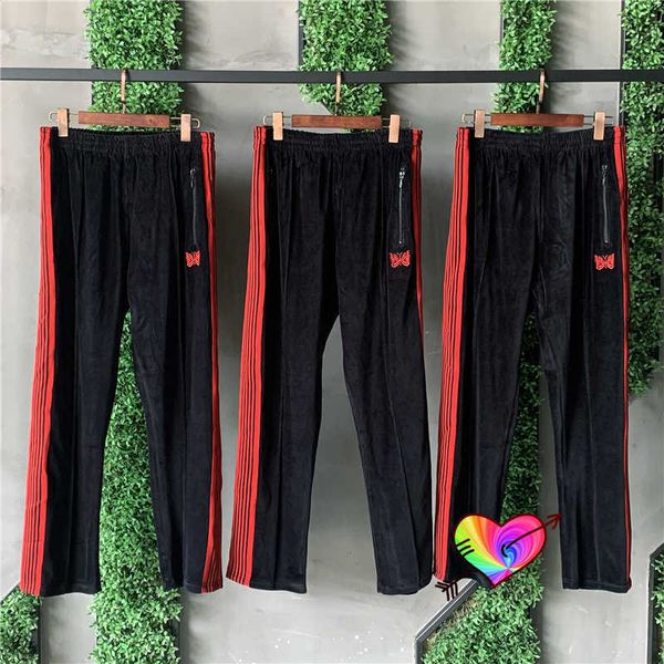 2021 pantalones de terciopelo negro con agujas para hombres y mujeres de alta calidad con rayas laterales rojas bordado de mariposa con agujas pantalones de chándal X0628