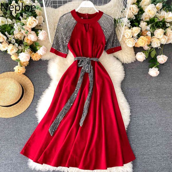 

neploe patchwork hollow out party dress women fashion o neck short sleeve dresses femme elegant sahses slim waist vestidos 1b721 210423, Black;gray