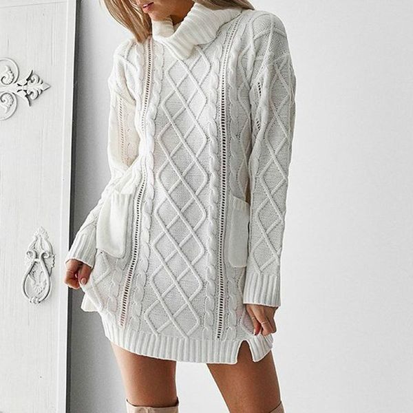 

women winter long sleeve sweater dress autumn loose knit turtleneck warm pocket casual solid mini dresses, Black;gray