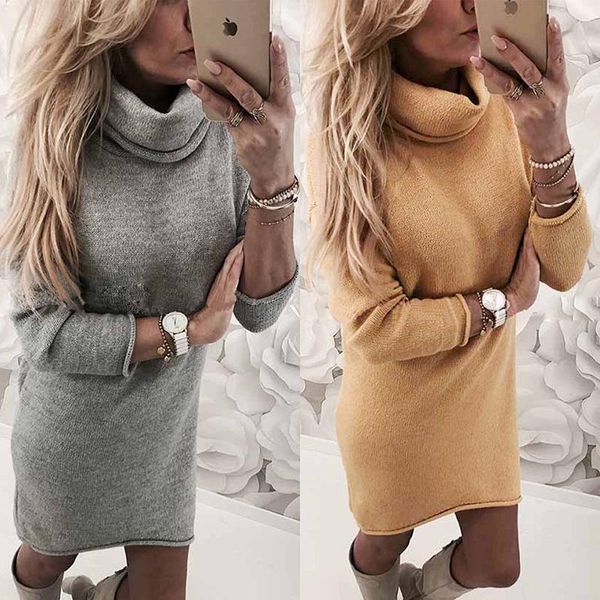 

casual dresses autumn and winter high neck long sleeve warm women's dress solid color knitted loose mini vestidos, Black;gray