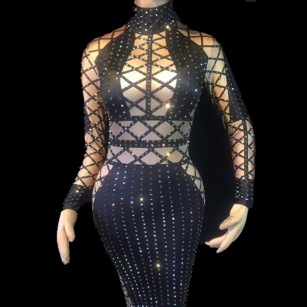 

casual dresses grid rhinestones women pencil dress long sleeves stretch party bodycon stage singer costumes crystals nightclub, Black;gray
