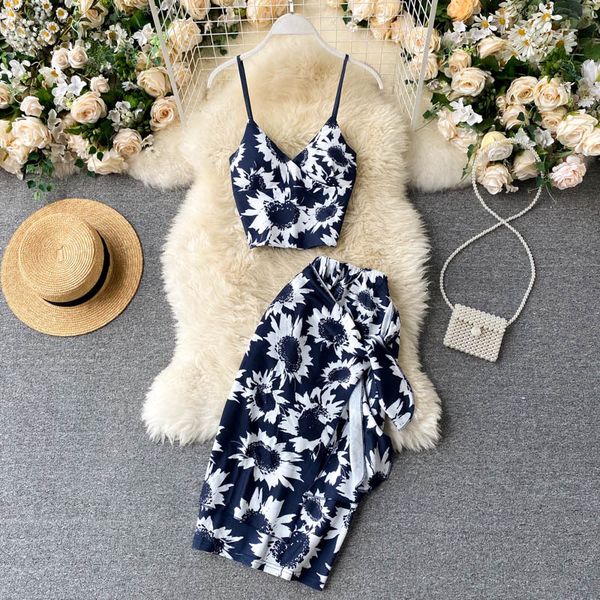 

two piece dress fried street suit female holiday style print short camisole high waist skirt two-piece trend qmbu, White