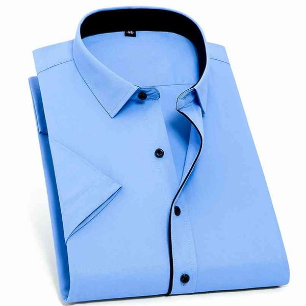 Para homens de negócios de verão camisa formal manga curta manga vestido camisa masculina sarja regularmente apto sem bolso frontal branco luz azul 210809