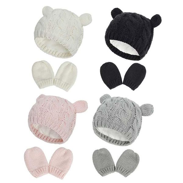 

beanies baby kids girls boys knit hat gloves set born solid color winter warm cute ears cap lovely beanie 0-2m
