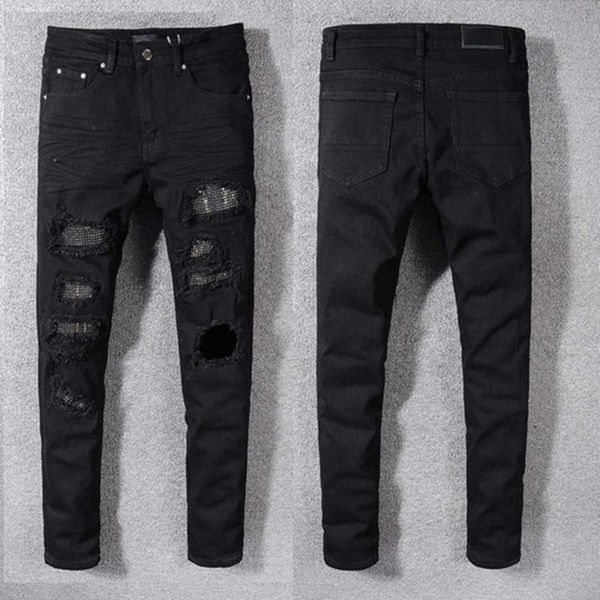 

2020 new fashion s stylist black blue jeans ny ripped dtroyed stretch slim fit hop with hol for men 29-42