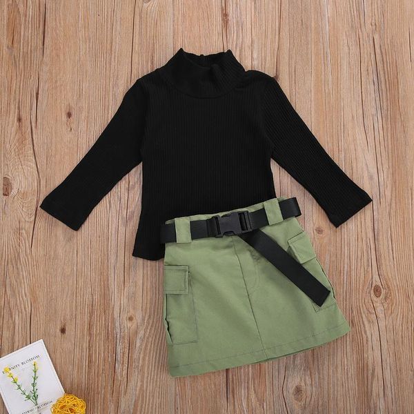 

clothing sets 1-6y fashion clothes girls knit long sleeve black sweater girl army green skirts+belt autumn, White