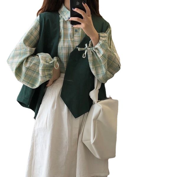 

two piece dress 3 female ensembles green harajuku plaid shirt without sleeves vest and asymmetric design come out spring teens chic daily it, White
