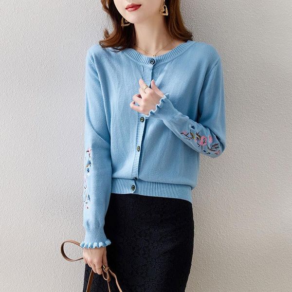 

women's sweaters 2021 autumn winter sweater cardigan embroidery floral button woman elegant office lady knitted slim short coat, White;black