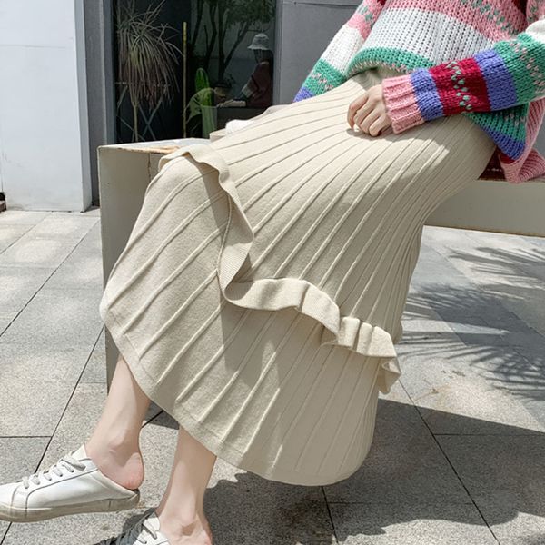 

skirts winter cashmere blend a-line ruffles hem knitted pleated long swing mid-calf gyel, Black