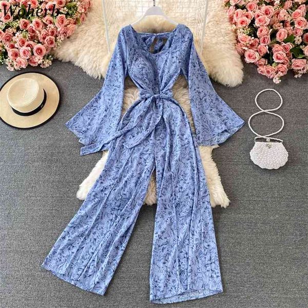 Mulheres Sexy Jumpsuits Moda Verão Longa Longa Floral Impresso Boho Romper Ladies Tie Tintura Largura Pants Bodysuits 210519