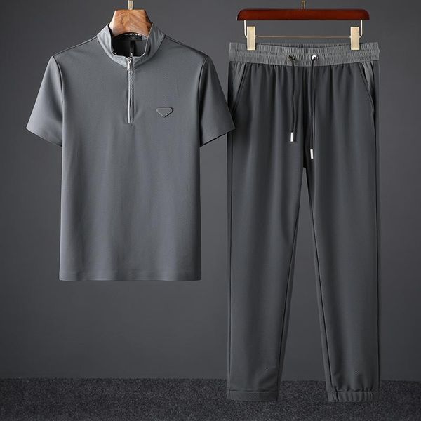 

men's tracksuits 2021 luxury simple stand collar splicing punch hollow summer breathable ice silk leisure tie foot 2 piece sweatpants s, Gray