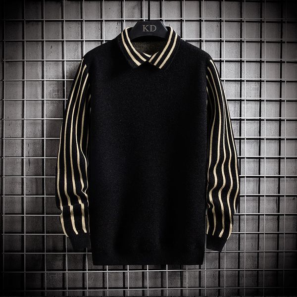 

sweater knit autumn and winter men's t shirt collar fake two piece pullover color matching baseline fashion, White;black
