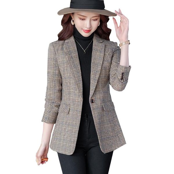 

women's suits & blazers fashion woman gray coffee khaki plaid blazer arrival female spring autumn outwear casual girl jackets coat, White;black