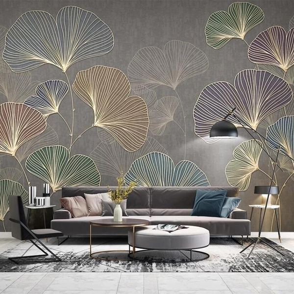 

custom po mural self adhesive wallpaper modern minimalist light luxury 3d lines embossed ginkgo leaves painting waterproof wallpapers