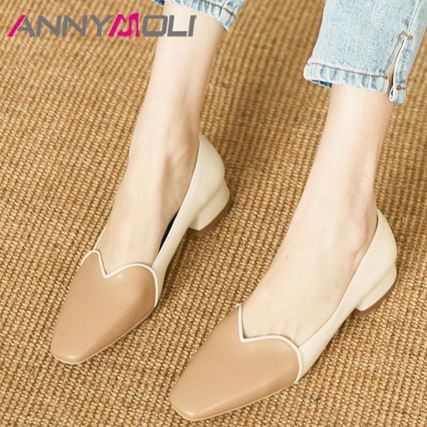 

women shoes thick heels natural genuine leather pumps fashion square toe mid heel footwear female beige spring 40 dress, Black