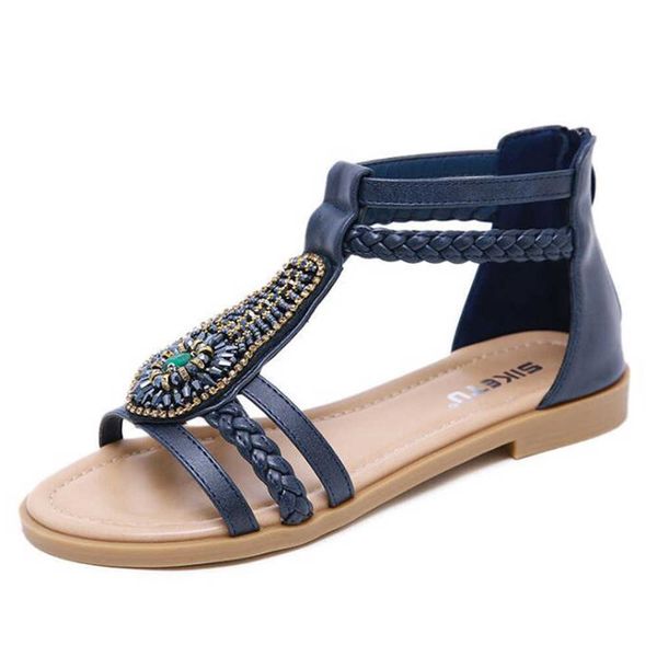 

summer sandals female bohemia retro beaded zipper roman flat women shoes qq425 210625, Black