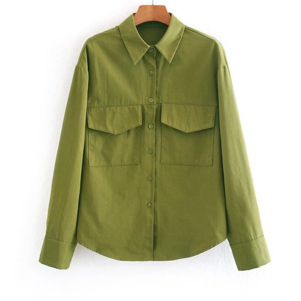 

katara fashion minimalist turn down collar blouses women elegant pockets green shirts slim long sleeve ladies women's &, White