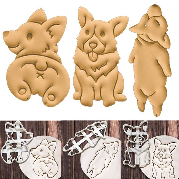 3 Tipo 3 Peças / Conjunto de Corgi Dog-shaped Biscoito Bonito Molde de Cozinha Cozinha Ferramentas 3D Tridimensional DIY Ferramenta Acessórios