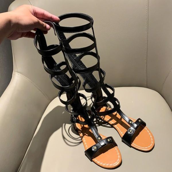 

flat shoes woman open toe gladiator sandals leisure 2021 roman style ankle strap zipper summer plus size 43, Black