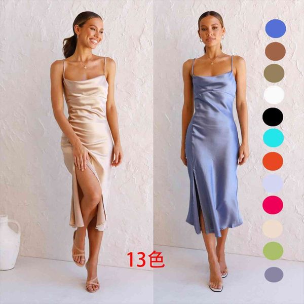 

summer sleeveless spaghetti strap black womens dress silk long backless elegant green satin party woman split midi dresses, Black;gray