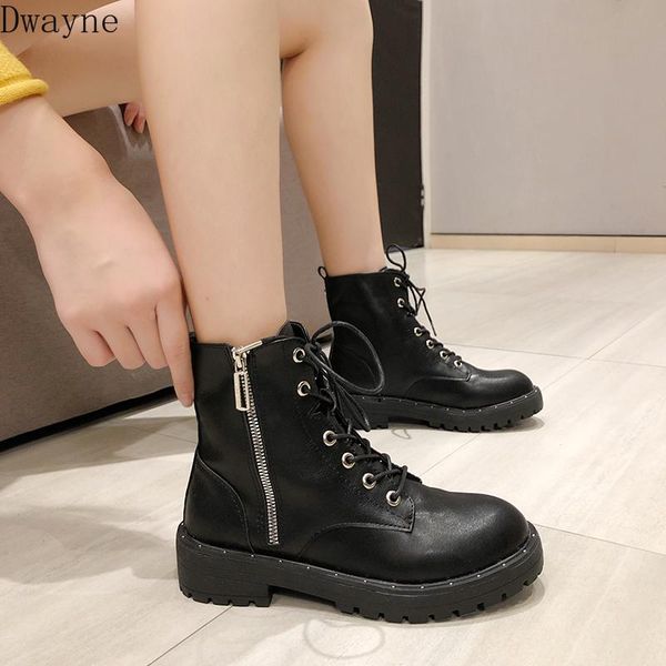 

boots female british wind 2021 wild short flat bottom thick with retro handsome motorcycle, Black