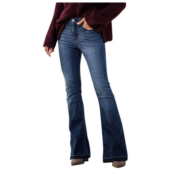 

women's jeans women elastic wide leg pants classic solid color high waisted denim bell botton with pockets pantalon pour femme #h, Blue