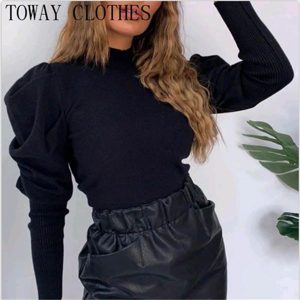 

women's sweaters solid puff sleeve mock neck casual sweater women long autumn pullover, White;black