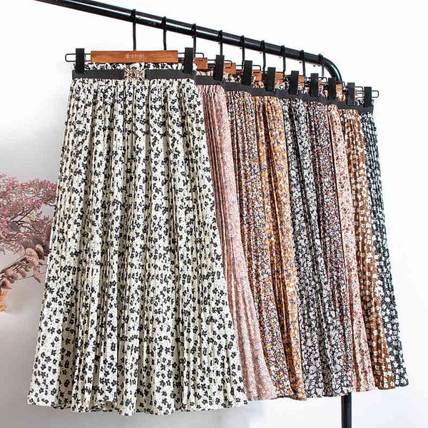 

skirts croysier summer floral print pleated women elegant casual chiffon midi skirt belted elastic high waist long skirts womens, Black
