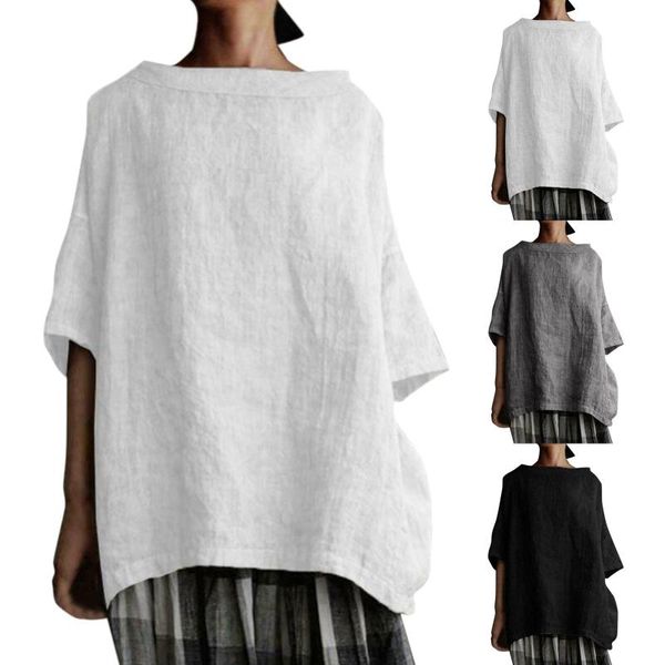 

women's blouses & shirts cotton linen ladies casual blouse women clothing solid color loose short sleeve pullover d4, White