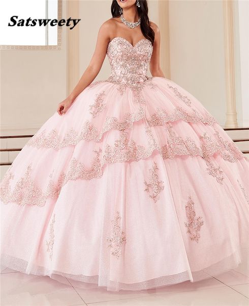 Платья Quinceanera 2022 Бальное платье Аппликации Кристаллы Кружденные поезд Vestido de 15 Anos Начальник на шнуровке Сладкое 16 платье