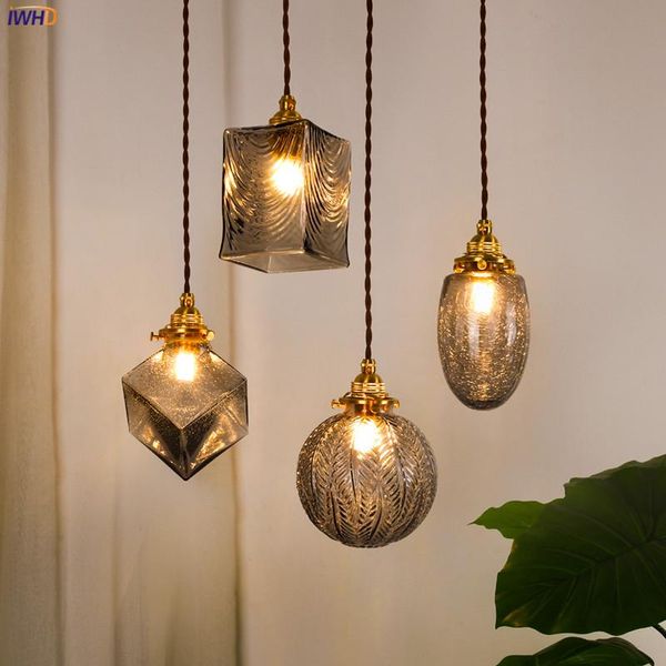 Luzes pendentes de vidro de estilo japonês acessórios de quarto de sala de estar de cobre decoração de loft industrial lâmpada de luz pendurada lâmpadas leves