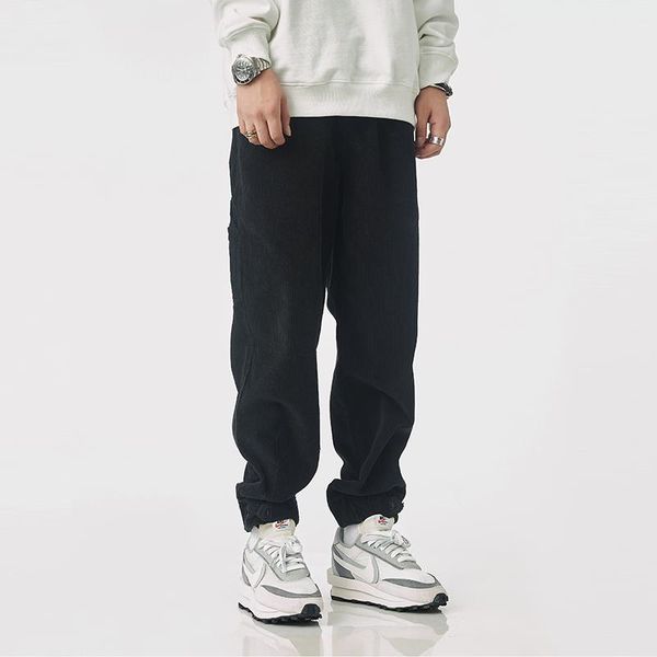

men's pants autumn winter fashion corduroy loose fit big pocket casual cargo men overalls street style hip hop joggers trousers, Black