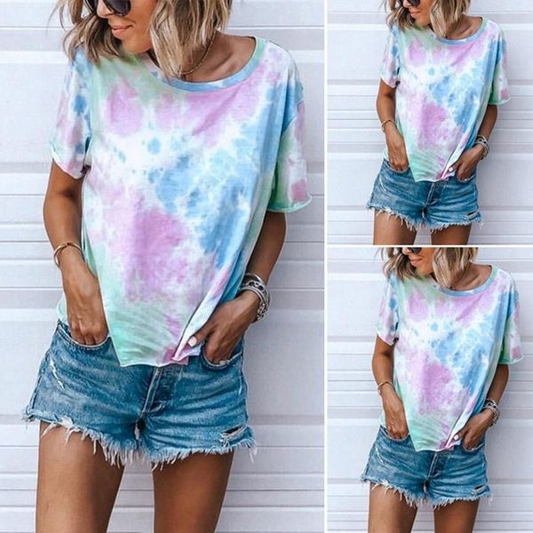 

women's t-shirt summer round neck tie-dye printed short-sleeved blue, White