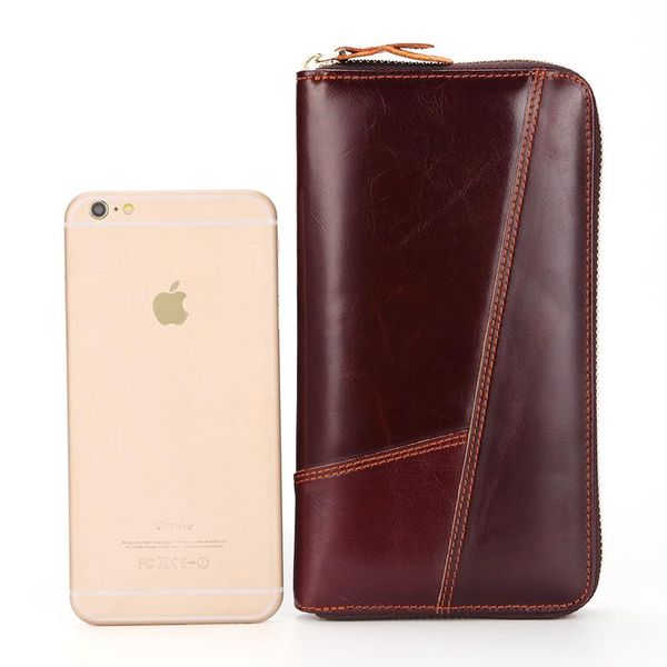 

wallets men fashion casual long oil wax genuine leather male zipper bag first layer cowhide business bank card case clutch purse, Red;black