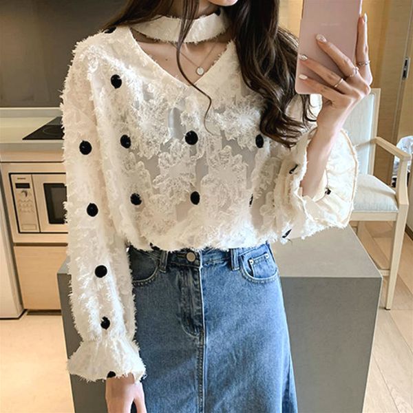 

pants blouse women elegant casual chiffon v-neck hollow out long sleeve polka dot shirt korean autumn women's clothing, White