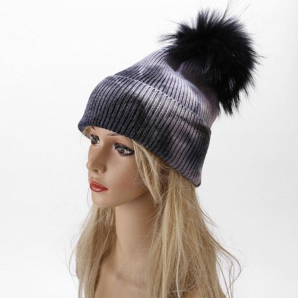 

beanie/skull caps fashion women viscose tie-dyed beanie hats raccoon with fur pompom for ladies knitted outdoor windproof beanies skullies, Blue;gray