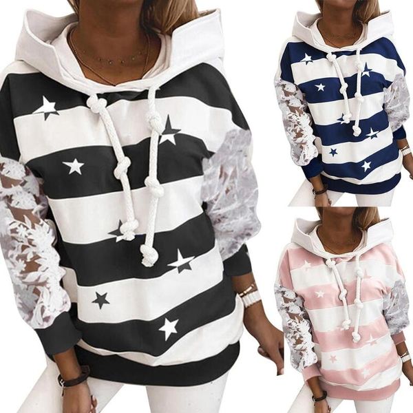 

women hoodies sweatshirts autumn winter casual lace patchwork long sleeve star stripe loose hoodie sweatshirt women's &, Black