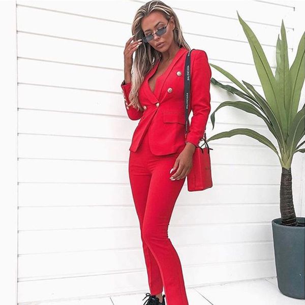 

two piece dress ocstrade women 2 set winter 2021 red blazer buttons office lady jackets long-sleeve runway evening party suit, White