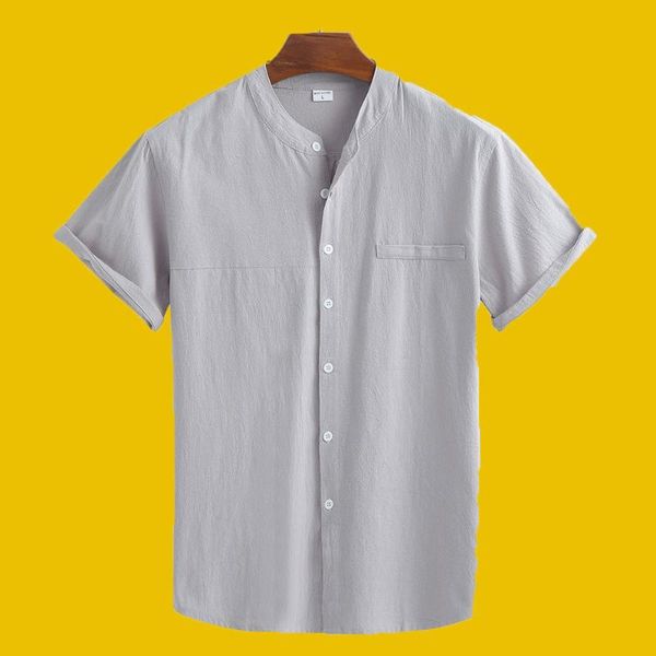 

men's casual shirts 2021 linen shirt short-sleeved stand-up collar summer thin loose cotton and white men, White;black