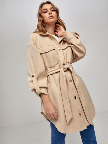

flap pocket self belted overcoat a9kj#, Black